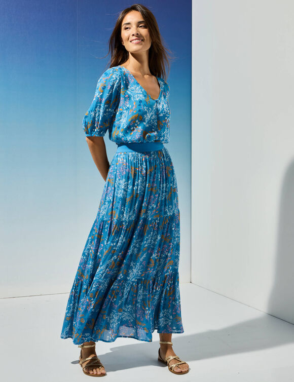 Jupe longue volantée imprimé fleuri, crépon (bleu) Jupe longue volantée imprimé fleuri, crépon (bleu)